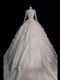 Civil Wedding Dresses Ball Gown Square Neck White Tulle With Long Sleeves Feathers Bodice Brides Dress Fitted Bridal Gowns HZ0311
