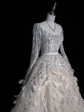 Civil Wedding Dresses Ball Gown Square Neck White Tulle With Long Sleeves Feathers Bodice Brides Dress Fitted Bridal Gowns HZ0311