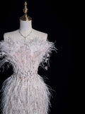Civil Wedding Dresses Sheath Strapless White Sequin With Slit Feathers Bodice Brides Dress Fitted Bridal Gowns HZ0311