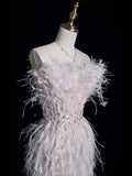 Civil Wedding Dresses Sheath Strapless White Sequin With Slit Feathers Bodice Brides Dress Fitted Bridal Gowns HZ0311