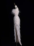 Civil Wedding Dresses Sheath Strapless White Sequin With Slit Feathers Bodice Brides Dress Fitted Bridal Gowns HZ0311