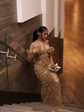 Glittery Mermaid Off The Shoulder Prom Dresses For Black People Girls Gold Sequin Beaded Crystals Long Formal Evening Party Gown HZ0311