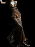 Vintage Mermaid Halter Satin With Beaded Gem Long Prom Dresses Party Dress 18th Birthday Outfits Graduation Dress HZ0311