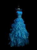 Modest Ball Gown Strapless Blue Organza Long Prom Dresses Party Dress 21st Birthday Outfits Graduation Gown HZ0311