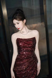 Vintage Sheath Strapless Burgundy Sequins With Slit Long Prom Dress Evening Outfits Formal Dress HZ0311