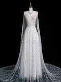 Charming A Line V Neckline With Cape White Tulle Wedding Dress Long Fairytale Autumn Bridal Dresses HZ0311