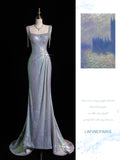 Sparkly Mermaid Square Neck Blue Sequin Long Prom Dresses Inspo 19th Birthday Outfits Formal Dress HZ0311