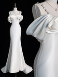 Modest Mermaid Sweetheart With Straps Sleeves White Satin Wedding Dress Long Fairytale Autumn Wedding Dresses HZ0311