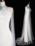 Modest Mermaid High Neck With Cape Long Sleeves White Satin Wedding Dress Long Fairytale Autumn Bridal Dresses HZ0311