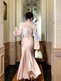 Modest Mermaid Square Neck Pink Satin Long Sleeves Prom Dresses Wedding Guest Dress 16th Birthday Outfits HZ0311