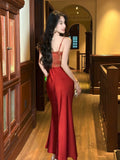 Classy Mermaid Spaghetti Strap Burgundy Satin Ankle Length Pleated Prom Dress Aesthetic Graduation Birthday Outfits HZ0311