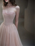 Classy A line Strapless Light Pink Tulle Long Formal Prom Dresses Dance Night Outfits Party Gowns HZ0311
