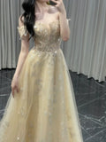 Classy A line Off The Shoulder With Cap Sleeves Sequins Long Formal Prom Dresses Dance Night Outfits Party Gowns HZ0311