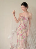 Classy Mermaid Strapless Floral Lace Long Formal Prom Dresses Dance Night Outfits Party Gowns HZ0311