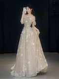 Cute A line Off The Shoulder With Cap Sleeves Sequins Champagne Long Formal Prom Dresses Dance Night Outfits Party Gowns HZ0311