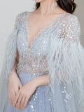 Elegant A Line V Neck Light Sky Blue Tulle Prom Dresses Inspiration Long Party Evening Dress 19th Birthday Outfits HZ0311