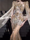 Modest Mermaid Strapless Gold Long Sleeves Slit Sequins Prom Dresses Inspiration Long Party Evening Dress 21st Birthday Outfits HZ0311