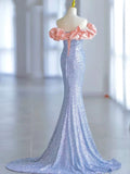 Elegant Mermaid Off The Shoulder Blue Sequins Prom Dresses Inspiration Long Party Evening Dress 19th Birthday Outfits HZ0311