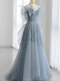 Modest Ball Gown Spaghetti Straps Dusty Blue Tulle Prom Dresses Inspiration Long Party Night Evening Dress 20th Birthday Outfits HZ0311