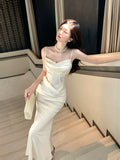 Modest Mermaid Spaghetti Straps Satin Ivory Prom Dresses Wedding Guest Gown 18th Nigh Party Birthday Outfits HZ0311