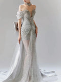 Vintage Silver Gray Mermaid Evening Dress Off The Shoulder Beaded Prom Dress Long Party Dress Birthday Outfits HZ0311