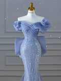 Modest Prom Dresses Aesthetic Mermaid Off The Shoulder Blue Inspiration Style Impress With Short Sleeves Long Party Formal Gown HZ0311