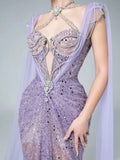 Sparkly Mermaid Evening Dress Halter Lilac Sequins Prom Dress Long Party Dress 21st Birthday Outfits HZ0311