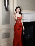 Classy Mermaid Spaghetti Strap Burgundy Satin Ankle Length Pleated Prom Dress Aesthetic Graduation Birthday Outfits HZ0311