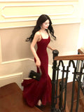 Modest Mermaid Spaghetti Straps Burgundy Long Prom Dresses Wedding Guest Dress 20th Birthday Outfits HZ0311