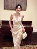 Modest Sheath Halter Ivory Satin Evening Dresses Wedding Guest Dress Nigh Dance 20th Birthday Outfits HZ0311
