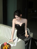 Elegant Mermaid Sweetheart Black Satin Sleeveless Long Prom Dresses 18th Birthday Outfits HZ0311