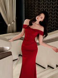 Elegant Mermaid Off The Shoulder Red Long Prom Dresses 16th Nigh Party Birthday Outfits HZ0311