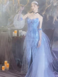 Sparkly Mermaid Sweetheart Sequins With Slit Blue Prom Dresses Inspiration Long Party Night Gowns 20th Birthday Outfits HZ0311