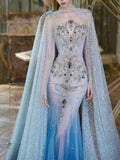 Modest Mermaid Scoop Neck Sequins With Beaded Cape Prom Dresses Inspiration Long Party Evening Dress 19th Birthday Outfits HZ0311