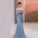 Modest Mermaid Strapless Dusty Blue Sequins Prom Dresses Inspiration Long Party Night Evening Dress 20th Birthday Outfits HZ0311