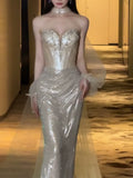 Sexy Mermaid Sweetheart Sequins Champagne Long Formal Prom Dresses Dance Night Outfits Party Gowns HZ0311