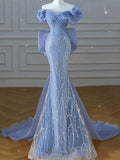 Modest Prom Dresses Aesthetic Mermaid Off The Shoulder Blue Inspiration Style Impress With Short Sleeves Long Party Formal Gown HZ0311