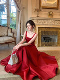 Elegant A Line Square Neck Satin Red Ankle Length Prom Dresses 17th Nigh Party Birthday Outfits HZ0311