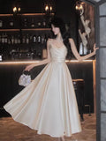 Modest A line Spaghetti Straps Ivory Satin Long Prom Dresses Wedding Guest Dress 20th Birthday Outfits HZ0311