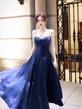 Sexy A line Spaghetti Straps Royal Blue Satin Long Prom Dresses Wedding Guest Dress 20th Birthday Outfits HZ0311