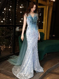Modest Mermaid Strapless Blue Sequins Prom Dresses Inspiration Long Party Night Evening Dress 20th Birthday Outfits HZ0311