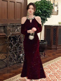 Sexy Mermaid Jewel Neck Burgundy Velvet Long Sleeves Ankle Length Prom Dresses Wedding Guest Dress 22th Birthday Outfits HZ0311