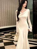 Chic Mermaid Cowl Neck White Satin Ankle Length Long Sleeves Prom Dresses Wedding Guest Dress 20th Birthday Outfits HZ0311