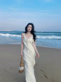 Sexy Mermaid Spaghetti Straps White Chiffon Prom Dresses Wedding Guest Dress 20th Birthday Outfits HZ0311