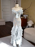 Vintage 1960s Mermaid Spaghetti Straps Light Sky Blue Chiffon Prom Dresses Inspiration Long Party Dress 18th Birthday Outfits HZ0311