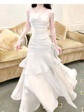Modest Mermaid Spaghetti Straps White Ruffles Long Prom Dresses High School Teens Graduation Dance Dress 20th Birthday Outfits HZ0311