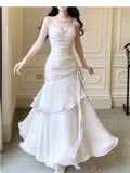 Modest Mermaid Spaghetti Straps White Ruffles Long Prom Dresses High School Teens Graduation Dance Dress 20th Birthday Outfits HZ0311