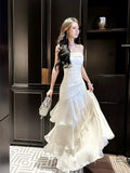 Modest Mermaid Spaghetti Straps White Ruffles Long Prom Dresses High School Teens Graduation Dance Dress 20th Birthday Outfits HZ0311