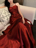Modest Mermaid Spaghetti Straps Burgundy Wine Red Long Prom Dresses High School Teens Graduation Dance Dress 20th Birthday Outfits HZ0311
