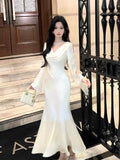 Sexy Mermaid Cowl Neck White Satin Ankle Length Prom Dresses Wedding Guest Dress 20th Birthday Outfits HZ0311